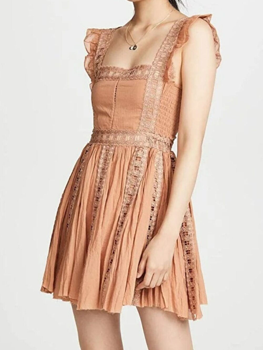Free People Verona Lace Trim Mini Dress L New *Flawed* Camel Boho Chic